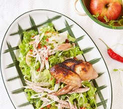 Frischer Salat mit gegrilltem Hähnchenflügel Ein frischer grüner Salat mit geriebenem Käse, Paprikastücken und gegrilltem Hähnchenflügel auf einem dekorativen Teller.