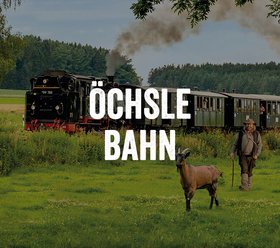 Öchsle Bahn Dampflok der Öchsle Bahn mit historischen Waggons fährt durch eine grüne Landschaft. Im Vordergrund steht ein Mann mit Stock neben einer Ziege. Der Himmel ist bewölkt und im Hintergrund sind Wälder zu sehen.