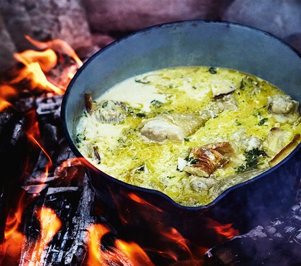 Cremiger Hähncheneintopf über offenem Feuer gekocht Ein Topf mit cremigem Hähncheneintopf, der über einem offenen Feuer gekocht wird.