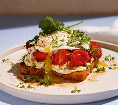 Toast mit pochiertem Ei und gerösteten Tomaten Ein Toast belegt mit cremigem Käse, gerösteten Tomaten, einem pochierten Ei und frischen Kräutern.