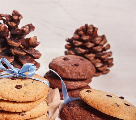 Schokoladenkekse Schokoladenkekse mit Schleife und Tannenzapfen im Hintergrund