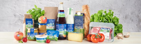 Frische Produkte von Hier Eine Auswahl an verschiedenen Lebensmitteln, darunter Milchprodukte, Gemüse, Brot und Saft, arrangiert auf einer weißen Oberfläche vor einem grauen Hintergrund.