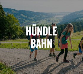 Hündle Bahn Eine Gruppe von Wanderern, darunter Erwachsene und Kinder, geht auf einem Wanderweg in der Nähe der Hündle Bahn, mit malerischer Berglandschaft im Hintergrund.